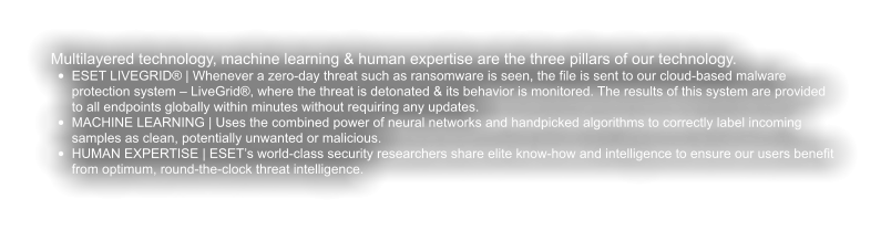 Multilayered technology, machine learning & human expertise are the three pillars of our technology. •	ESET LIVEGRID® | Whenever a zero-day threat such as ransomware is seen, the file is sent to our cloud-based malware protection system – LiveGrid®, where the threat is detonated & its behavior is monitored. The results of this system are providedto all endpoints globally within minutes without requiring any updates.  •	MACHINE LEARNING | Uses the combined power of neural networks and handpicked algorithms to correctly label incoming samples as clean, potentially unwanted or malicious. •	HUMAN EXPERTISE | ESET’s world-class security researchers share elite know-how and intelligence to ensure our users benefit from optimum, round-the-clock threat intelligence.